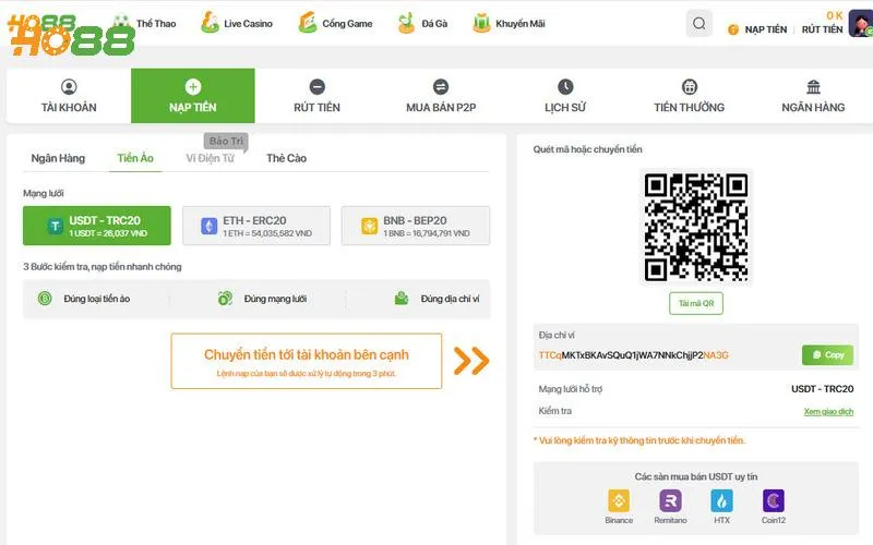 Thực hiện nạp rút theo điều khoản của hệ thống