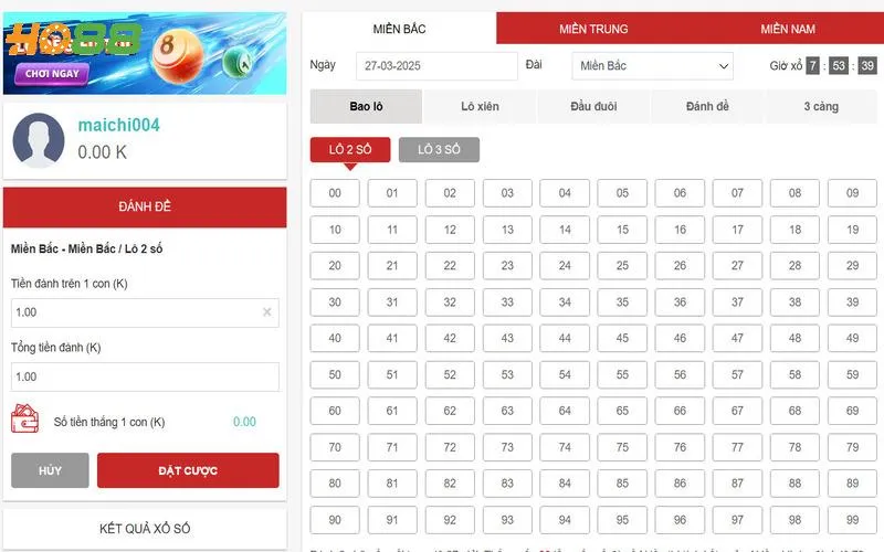 Giao diện sảnh chơi lô đề tại nhà cái Ho88